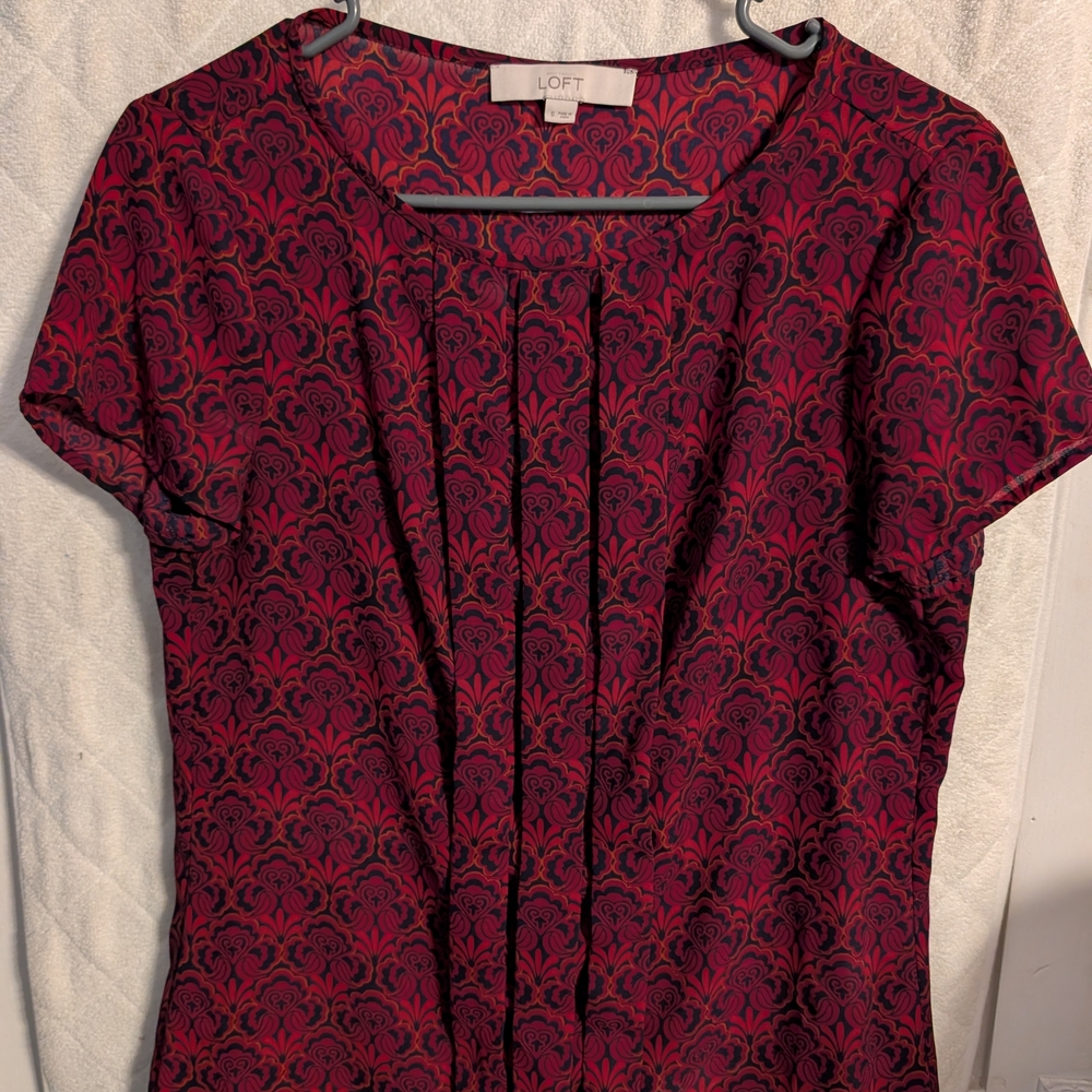 LOFT Women's Red and Black Patterned Top